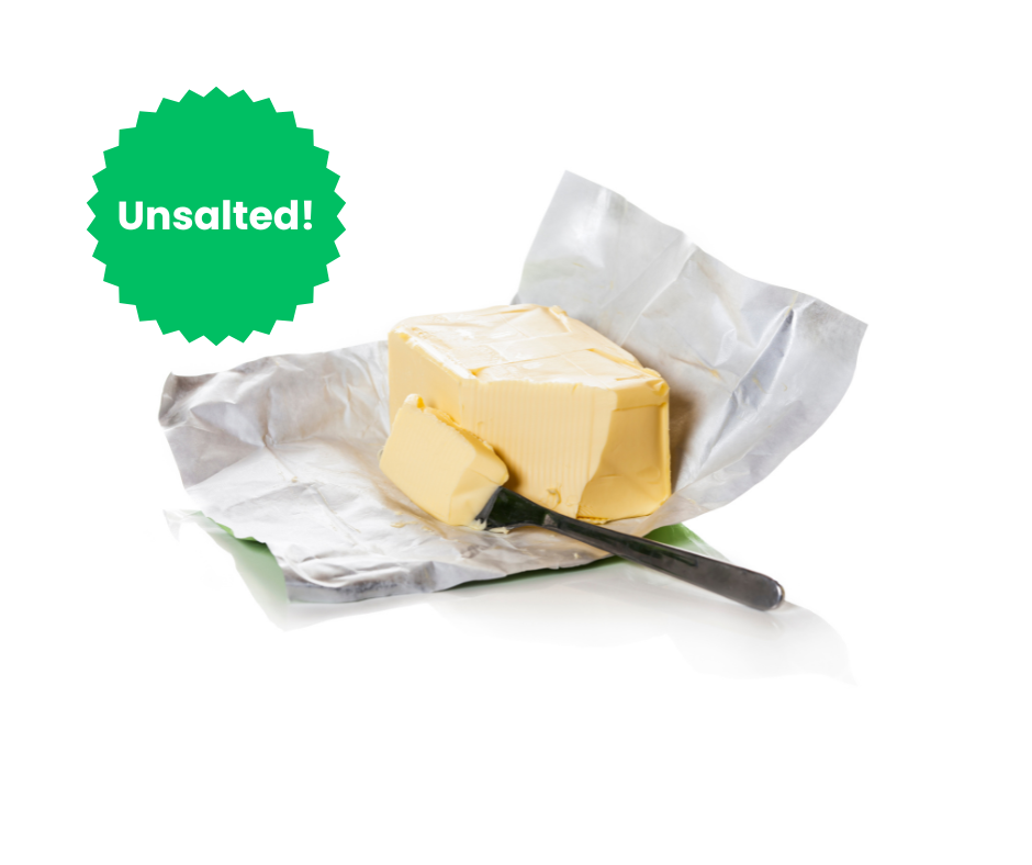 Unsalted butter block with a knife on a white background